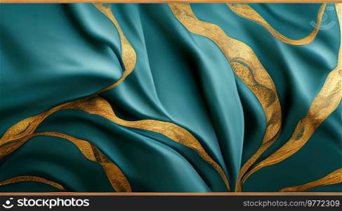 luxury cloth with floral and leaf shapes, golden threads on teal silk, 3D illustration. luxury cloth with floral shapes