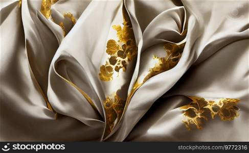 luxury cloth with floral shapes, golden threads on white silk, 3D illustration. luxury cloth with floral shapes