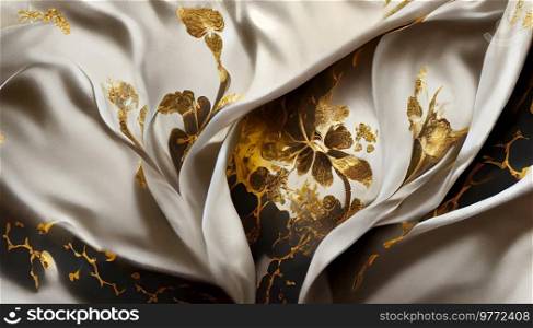luxury cloth with floral shapes, golden threads on white silk, 3D illustration. luxury cloth with floral shapes