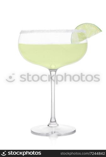 Luxury crystal glass of Margarita cocktail with fresh lime slice on white background