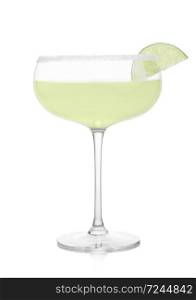 Luxury crystal glass of Margarita cocktail with fresh lime slice on white background