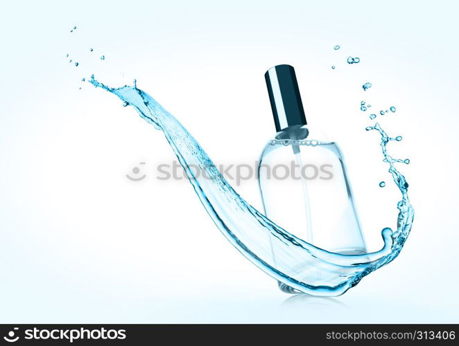 Luxury cyan light blue liquid perfume bottle with splashes on blue background