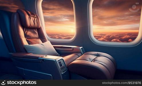 Luxury First Class Seat in Airplane at Sunset. Generative ai. High quality illustration. Luxury First Class Seat in Airplane at Sunset. Generative ai