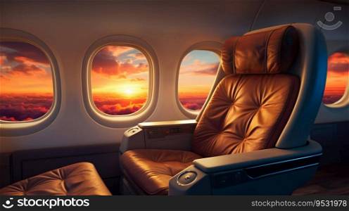 Luxury First Class Seat in Airplane at Sunset. Generative ai. High quality illustration. Luxury First Class Seat in Airplane at Sunset. Generative ai