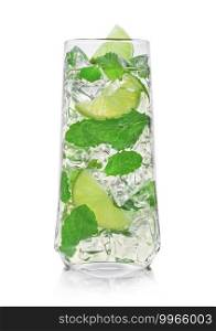 Luxury glass of Mojito summer alcoholic cocktail with ice cubes mint and lime on white background.