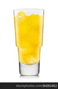Luxury Glass of orange soft drink with ice cubes and bubbles on white.