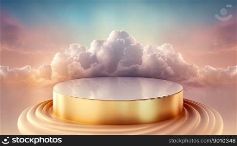 luxury gold podium product advertising stage or stand background platform above sky with clouds around