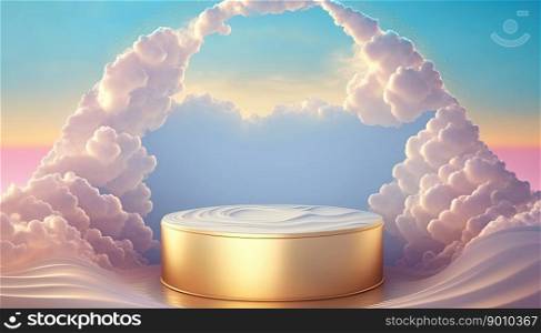 luxury gold podium product display stage background platform above sky with clouds around
