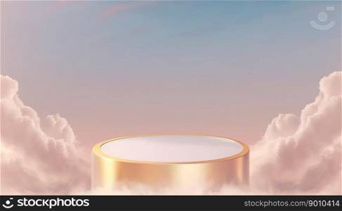 luxury gold podium product display stage background platform promotion with clouds around it