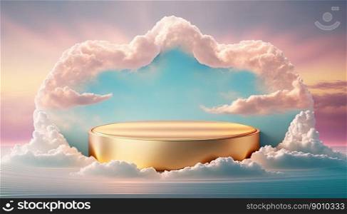 luxury gold podium product display stage or scene background platform above sky with clouds around
