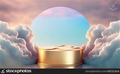 luxury gold podium product display stage or stand background platform surrounded by clouds