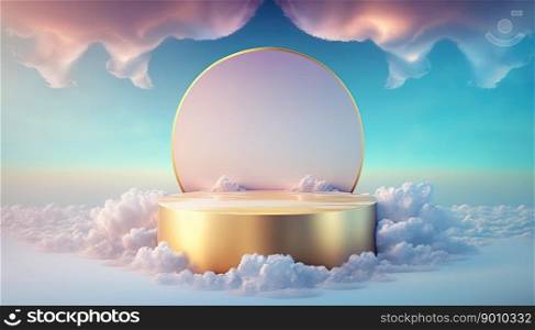 luxury gold podium product showcase stage or scene background platform above sky with clouds around