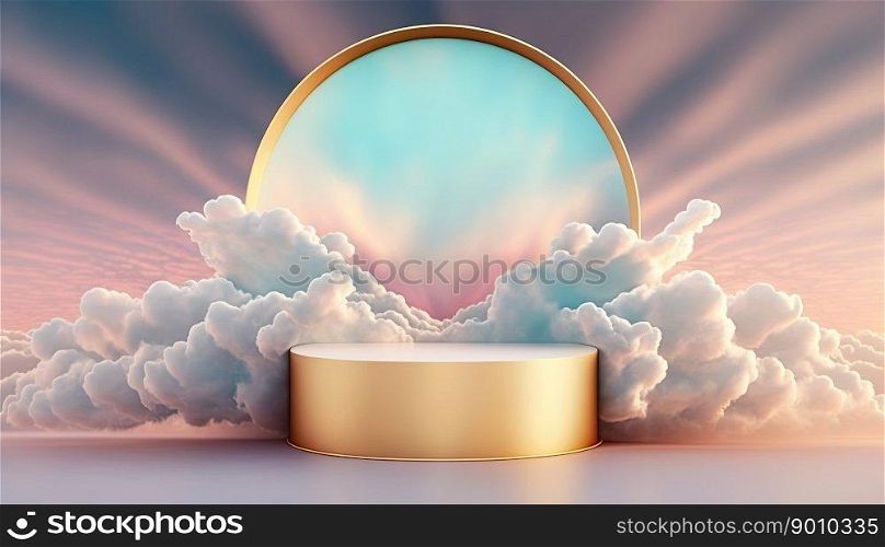 luxury gold podium product showcase stage or scene background platform with clouds around it