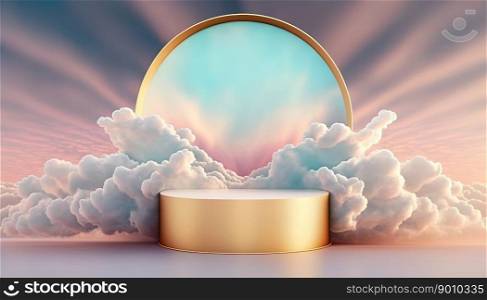 luxury gold podium product showcase stage or scene background platform with clouds around it