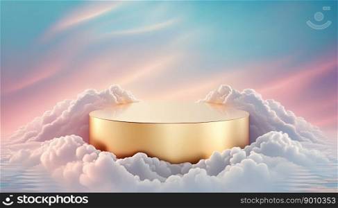 luxury gold podium product showcase stage or stand background platform surrounded by clouds