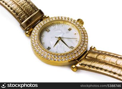 Luxury gold wristwatch with gems isolated on white
