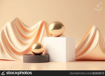Luxury golden fabric and product display placed blank podium shelf on beige background. Luxury golden fabric and product display placed blank podium shelf on beige background AI Generated