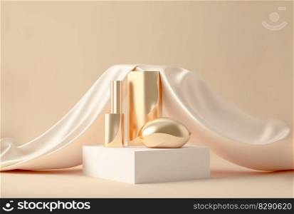 Luxury golden fabric and product display placed blank podium shelf on beige background. Luxury golden fabric and product display placed blank podium shelf on beige background AI Generated