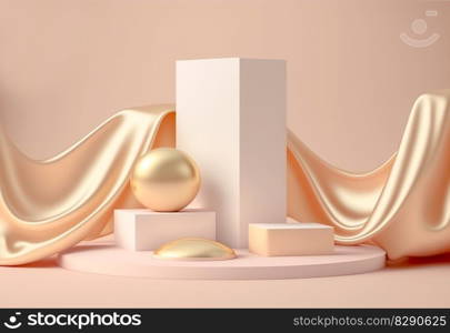 Luxury golden fabric and product display placed blank podium shelf on beige background. Luxury golden fabric and product display placed blank podium shelf on beige background AI Generated