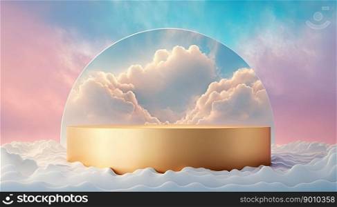 luxury golden podium product advertising stage background platform above sky with clouds around