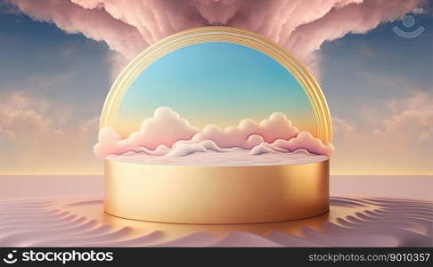 luxury golden podium product display stage background platform above sky with clouds around