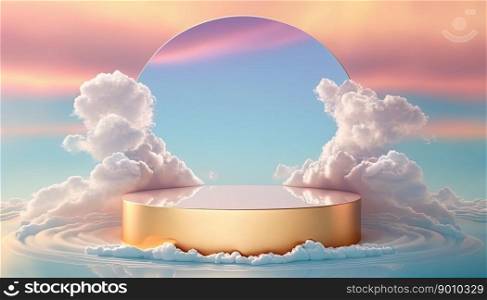luxury golden podium product display stage or scene background platform surrounded by clouds