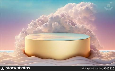 luxury golden podium product display stage or scene background platform with clouds around it