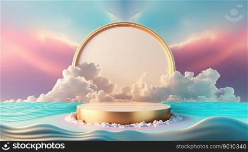 luxury golden podium product display stage or stand background platform with clouds around it