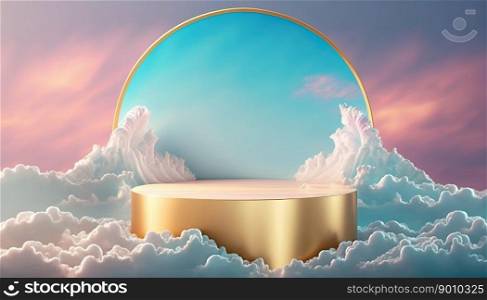 luxury golden podium product showcase stage or scene background platform with clouds around it