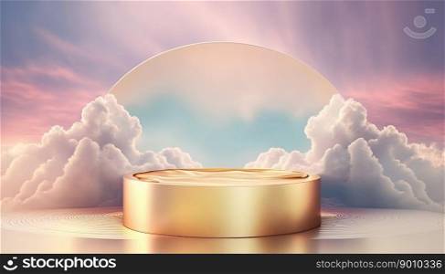 luxury golden podium product showcase stage or stand background platform above sky with clouds around