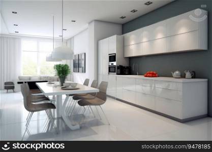 Luxury interior design of modern white kitchen. Generative AI