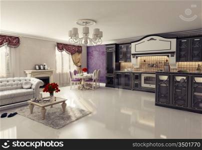 luxury kitchen interior in classic style (3D rendering)