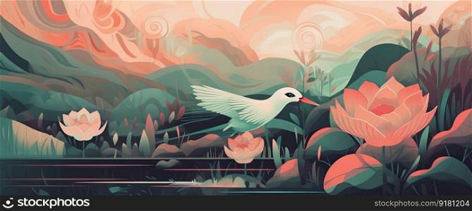 Luxury landscape with oriental birds flying on the sea. Pink tones. Generative AI