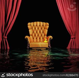 luxury leather armchair and red curtain above flooding interior (3D)