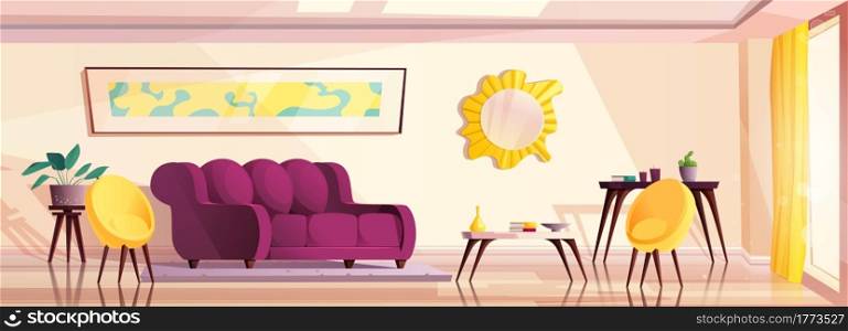Luxury living room interior with yellow armchairs, table, sofa, a window and a curtain. Cartoon vector illustration.