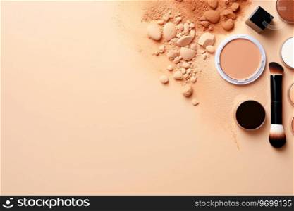 Luxury Makeup Collection with Brush beige background, copy space Ai generated. Ai generated