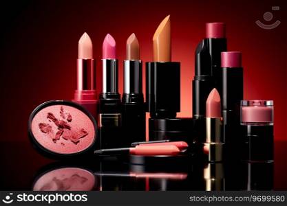 Luxury Makeup Collection with Powder, Lipstick and Blush ,cosmetic product background Ai generated