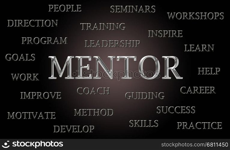 Luxury mentor word cloud written with chrome letters, dark background
