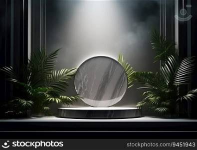Luxury mockup podium stone with golden marble texture and golden circle for branding and packaging presentation. Black and gold natural pedestal. AI Generative