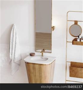 luxury modern bathroom sink on wooden stand with mirror, ladder and towels, bathroom interior, 3d rendering