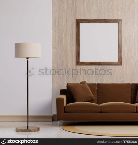 Luxury modern interior of dark brown tone living room home decor concept background. Standing electric lamp and empty wooden picture frame on concrete wall and floor. 3D illustration rendering graphic