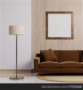 Luxury modern interior of dark brown tone living room home decor concept background. Standing electric lamp and empty wooden picture frame on concrete wall and floor. 3D illustration rendering graphic