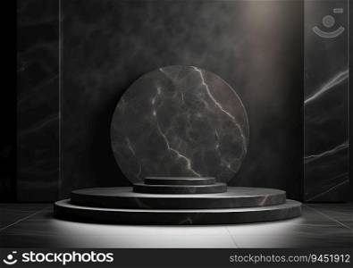 Luxury natural stone podium for showing packaging and product on black background, copy space. AI Generative