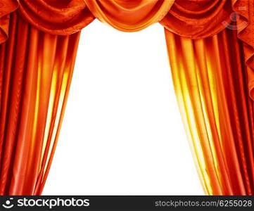 Luxury orange curtains isolated on white background, abstract border, open curtain on the theatre, theatrical performance concept