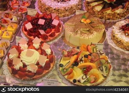 Luxury pastry on display in a French shop