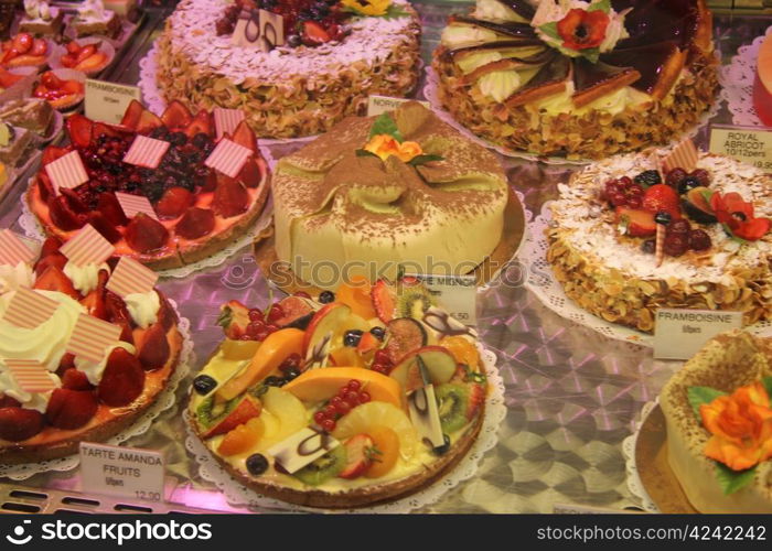 Luxury pastry on display in a French shop