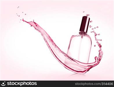 Luxury pink liquid perfume bottle with splashes on pink background