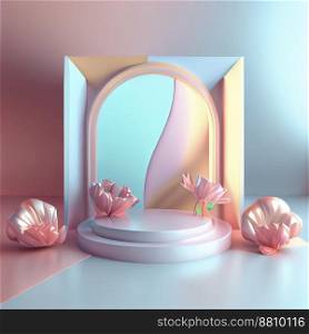 Luxury podium 3d illustration with elegant pink color and abstract flower wreath ornament for product display