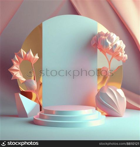 Luxury podium 3d illustration with elegant pink color and abstract flower wreath ornament for product display
