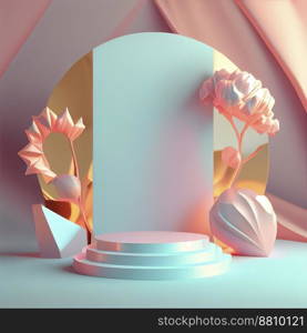 Luxury podium 3d illustration with elegant pink color and abstract flower wreath ornament for product display